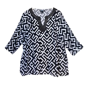 Saint Tropez West Blouse Womens 3X Long Linen Beaded Tunic Quarter Sleeve Shirt - Picture 1 of 11