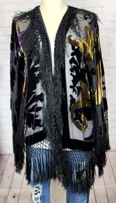 Mina Collection Velvet Burnout Kimono Franja Boho Cigano Bruxo Gótico Escuro Romântico - Imagem 1 de 4