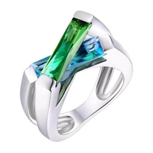 R98S Mt St Helens Green & Blue Helenite Floating Crossover Sterling Silver Ring - Picture 1 of 4