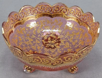 Moser Type Bohemian Raised Gold Floral Scrollwork Cranberry Footed Bowl B - Image 1 of 4