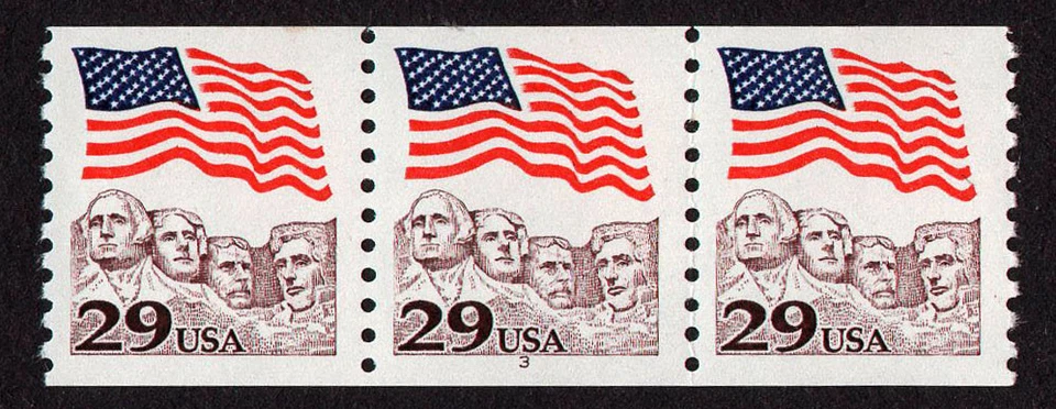 UNITED STATES, SCOTT # 2523, COIL STRIP OF 3 STAMPS PNC # 3, FLAG OVER RUSHMORE - Image 1 of 1