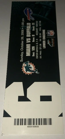 10/26/08 Buffalo Bills / Miami Dolphins Stadium Full UNUSED Ticket Stub Cover