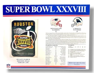 SUPER BOWL XXXVIII PATRIOTS vs PANTHERS Willabee & Ward NFL 12X9 PATCH CARD - Picture 1 of 4