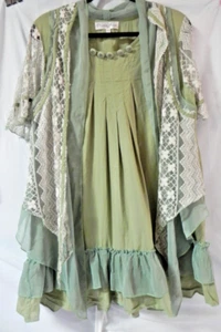 Pretty Angel Tiered Ruffle Hem Green crochet attached scarf boho shirt size L - Picture 1 of 5