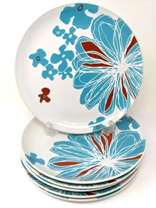 Set of 6- IKEA Bullra #1519910 Dinner Plates 10.5" Modern Turquoise Red Floral - Picture 1 of 9