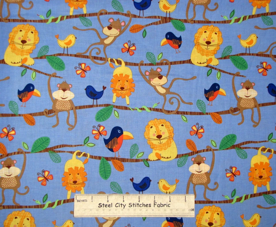 Animal Monkey Lion Tree Fabric Michael Miller Hanging Around  Blue Cotton Yard - Image 1 of 1
