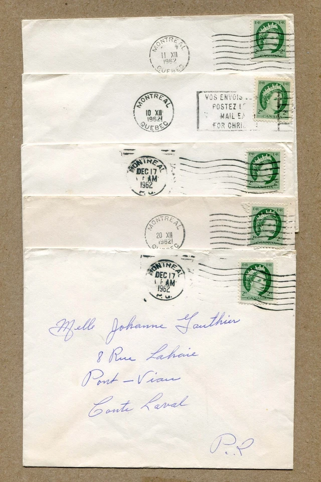 Lot of 5. 1962 Queen Elizabeth ii 2¢ #338p Cancelled, Canada Stamp on ENVELOPES - Image 1 of 2