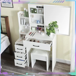White Vanity Makeup Table Set with Stool 10 LED Lighted Mirror Dressing Desk - Picture 1 of 12