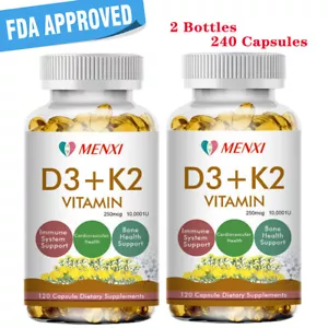 240 Vitamin D3+K2(MK-7)Capsules 250mcg For Immune&Bone Health 10,000IU 2 Bottles - Picture 1 of 12