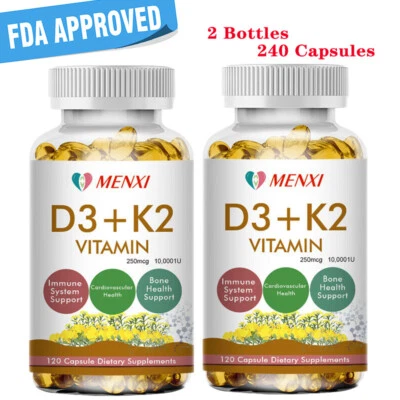 240 cápsulas de vitamina D3+K2 (MK-7) 250 mcg para salud inmune y ósea 10.000 UI 2 botellas Foto 1 de 4