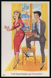 a09 Comic Humor Akt Pin Up Frau Thema original alt um 1950-1960 französische Postkarte - Bild 1 von 2