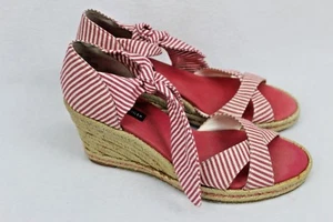Tommy Hilfiger Red/White Wedge Espadrilles Tie Up Striped Open Toe Sandal Sz 8.5 - Picture 1 of 10