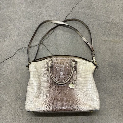 Vintage 2000s Brahmin Duxbury Satchel White Brown Crocodile Textured Leather Bag - Image 1 of 4