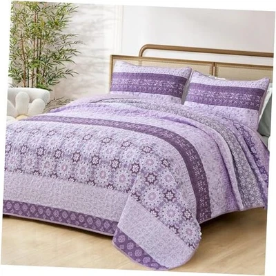  Boho Quilt Set King,Bohemian Striped Patchwork Bedspread King(104"×90") Purple - Image 1 of 4
