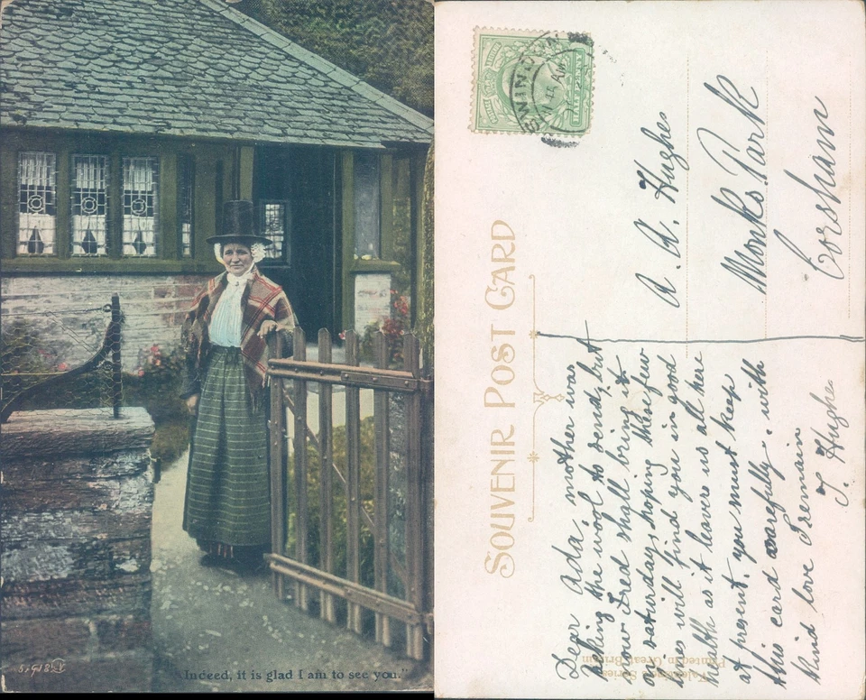 Woman in traditional attire by a cottage Valentine's Series 1912 postmark People - Image 1 of 1