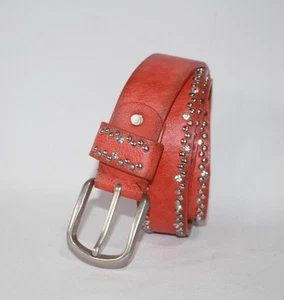 Studded Leather Belt 37" Burnt Orange Gem Diamantes Vintage - Picture 1 of 15