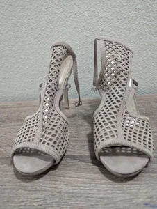 Madden Girl Regalll Taupe Suede Caged Fishnet Heels Open Toe  Size 9M - Picture 1 of 5