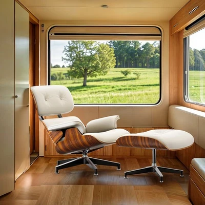 Classic Eames Style Lounge Chair And Ottoman Swivel Leather Armchair Recliner - Image 1 of 4