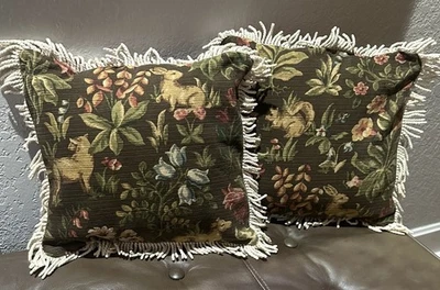 VTG Throw Tapestry Pillows Decor 12x12 READ rabbit Squirrel Lamb Floral Tassel - Image 1 of 4