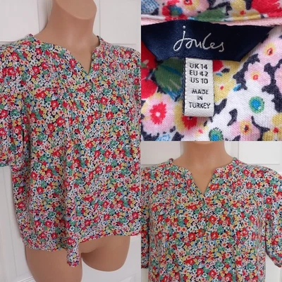 Joules Top UK 14 Cotton Blend Multi Floral Short Sleeve Elasticated - Image 1 of 4