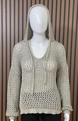 Nicole Miller Artelier Women’s Taupe Hooded Sweater L Open Knit Pullover Chunky - Image 1 of 4