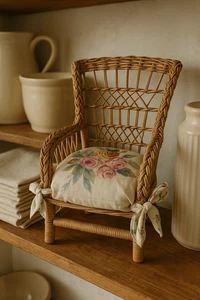 Silla de mimbre miniatura vintage con cojín floral - decoración de cabaña de Provenza - Imagen 1 de 9