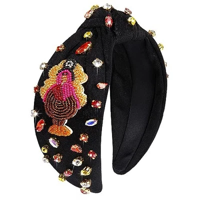 Thanksgiving Headband for Women, Autumn Fall Headband, Orange Rhinestone Pearl  - Image 1 of 4