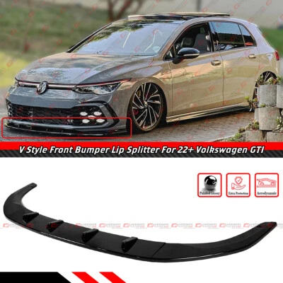FOR 2022-25 VOLKSWAGEN GTI MK8 GLOSS BLACK V STYLE 3PC FRONT BUMPER LIP SPLITTER - Image 1 of 4