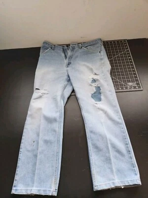 Vintage Light Wash Denim Jeans Distressed Stained Damaged Patched Check Pictures - Image 1 of 4