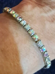 Vintage Silver Tone Stretch Bracelet W/ Single Row AB Rhinestones. - Picture 1 of 3