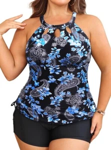 Aqua Eve 2 Piece High Neck Plus Size Tankini & Boy Shorts Blue Floral Size 22 - Picture 1 of 5