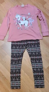 Girls SIZE M NORDIC LEGGINGS PINK WINTER UNICORN WITH OWL TOP OUTFIT - Picture 1 of 7