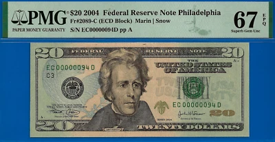 2004 $20 Federal Reserve Note PMG 67EPQ 2nd finest birthday serial number 94 - Image 1 of 3