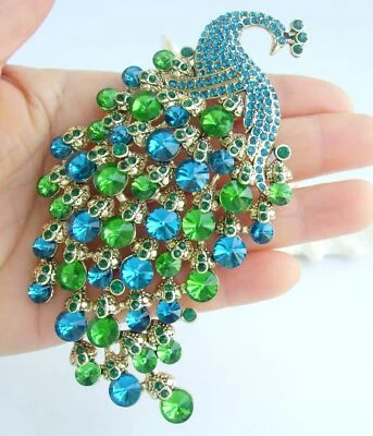 Exquisite 4.33" Peacock Brooch Pin Pendant Turquoise Rhinestone Crystal 05651C4a - Image 1 of 4