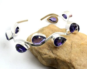 Purple Amethyst Gemstone Handmade 925 Sterling Silver Jewelry Bangle Sz 7-8 - Picture 1 of 1