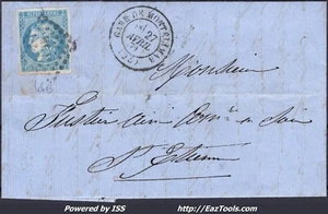 FRANCE N°46B SUR LETTRE AMBULANT ML1° + CAD GARE DE MONTÉLIMAR DU 27/04/1871 - Picture 1 of 2