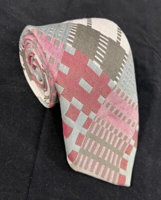 Mid Mod 1960s Roland Wide Neck Tie Necktie Ugly Loud Woven Blend Pink Gray Plaid - Image 1 of 4