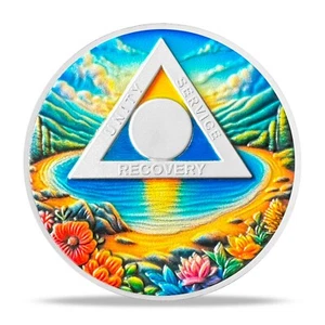 Colorful Lake Custom 1-65 Years AA Medallion Recovery Milestone Sobriety Gift - Picture 1 of 15