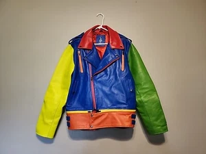 VINTAGE SAIO BIKER CROSS ZIP MOTO MULTI COLOR 100% HEAVY LEATHER YKK ZIPS MEN L - Picture 1 of 21
