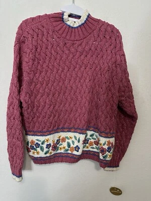 Suéter Pullover Vintage Liz Claiborne Rosa Borde Floral Talla Mediana Tejido a Mano Foto 1 de 4