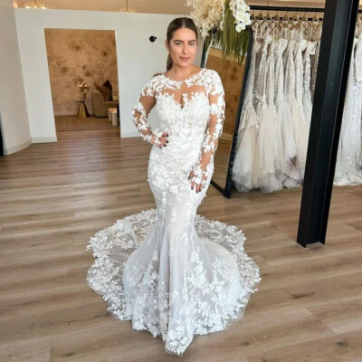 Moderno Vestido de Boda Cuello en O Novia Mangas Largas Apliques Sirena Tren Bata Foto 1 de 4