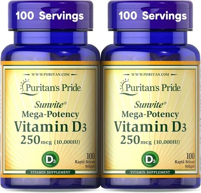 Pack of 2 VITAMIN D3 Mega Potency PURITANS PRIDE 10000 IU Immune Support 200gels - Image 1 of 4
