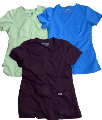 Lot Of 3 Greys Anatomy Nurse Scrub Tops Size S Small Green Blue & Burgundy - Image 1 of 4