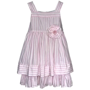 Laura Ashley Pink White Stripe Rosette Girls Tiered Dress Size 4 - Picture 1 of 13