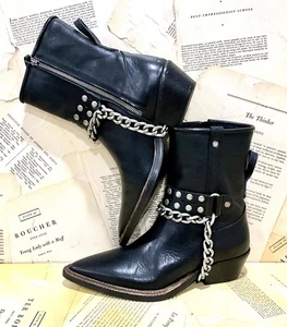 Free People We The Free Aiden Chain Boots Black Leather Pewter Pointy 37/7 NEW - Picture 1 of 12