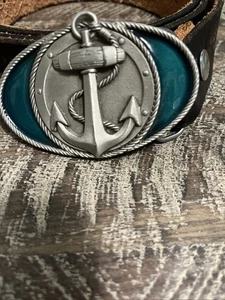 Vintage 1996 GAP Solid Fine Pewter Belt Buckle Anchor 4403 With US Navy Belt - Picture 1 of 5