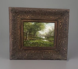 VTG Oil Forest Stream Green Trees Painting Incredible Ornate Frame 18.25”x16.5” - Picture 1 of 16