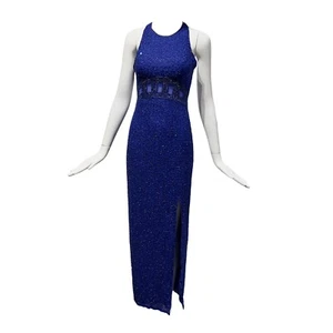Vintage 80s-90s Andretta Donatello 100% Silk Fully Beaded Blue Gown Dress Size S - Picture 1 of 22