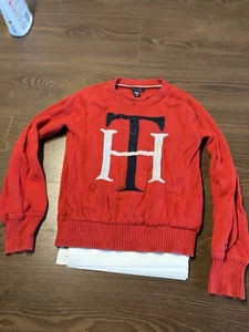 Tommy Hilfiger Kids Sweater Size 8/10 Red White LOGO Unisex - Picture 1 of 5