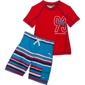 TOMMY BAHAMA Little Boys 4, 6 Red Rashguard & Striped Swim Trunks Set NWT - Picture 1 of 4